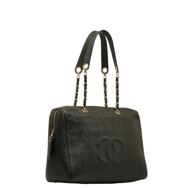 CHANEL Coco Mark Chain Tote Bag Black Caviar Skin Women's