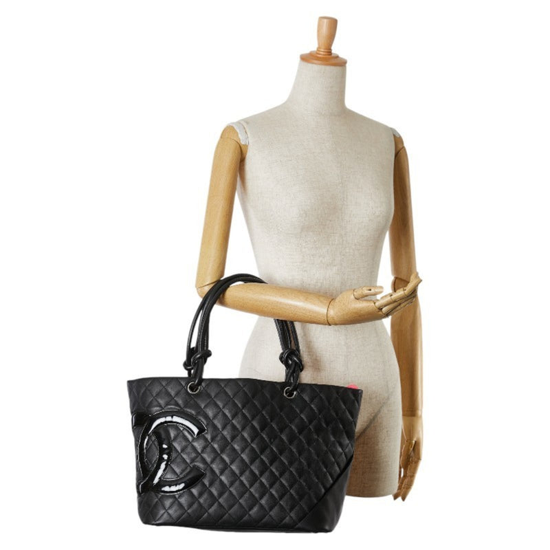 CHANEL Cambon Line Coco Mark Tote Bag Black Lambskin Patent Leather Women's