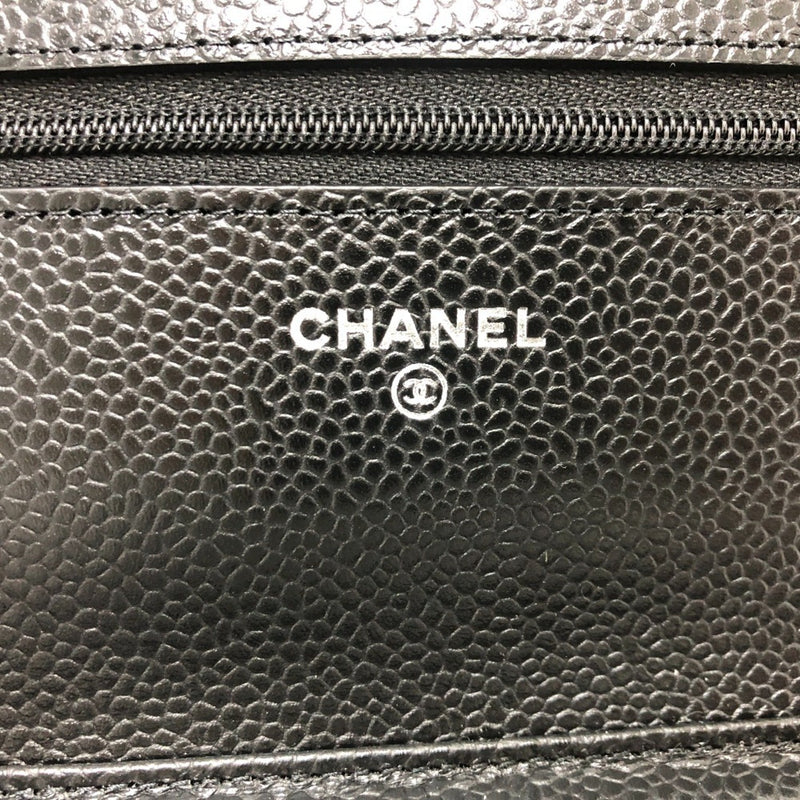 CHANEL AP0250 Coco Mark Matelasse Chain Wallet Shoulder Bag Caviar Skin Women's Silver Hardware Black