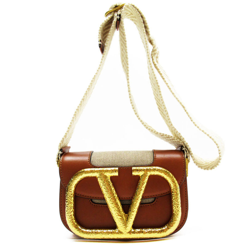 Valentino Garavani Shoulder Bag Supervee Leather Canvas Brown Beige Gold Women's w0476j