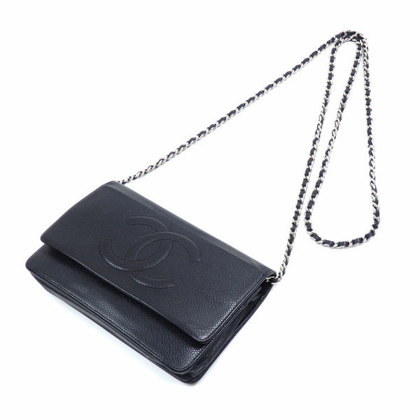 Chanel Chain Shoulder Wallet for Women, Black, Caviar Skin, Leather, Long Wallet, Coco Mark