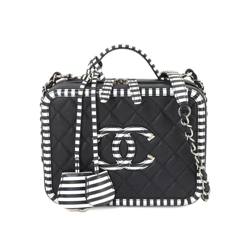 CHANEL CC Filigree 2way Vanity Shoulder Bag Caviar Skin Black White A93343