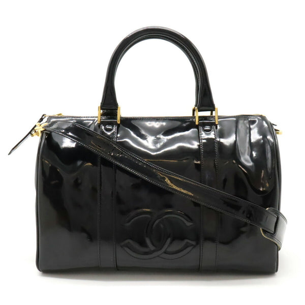 CHANEL Coco Mark Handbag Boston Bag Shoulder Enamel Patent Leather Black