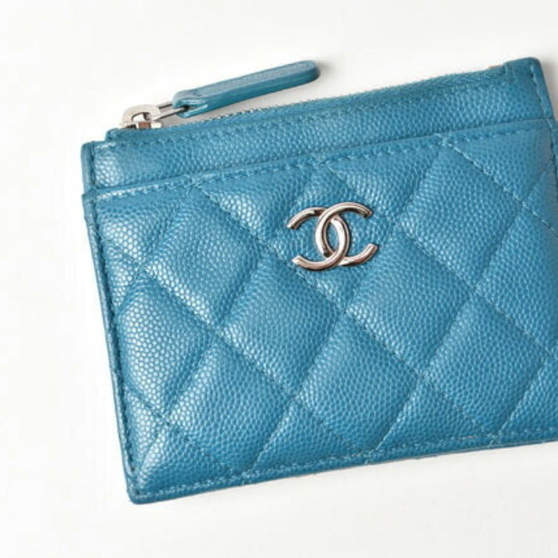 CHANEL Coin Case Card A84105 Matelasse Caviar Skin Blue