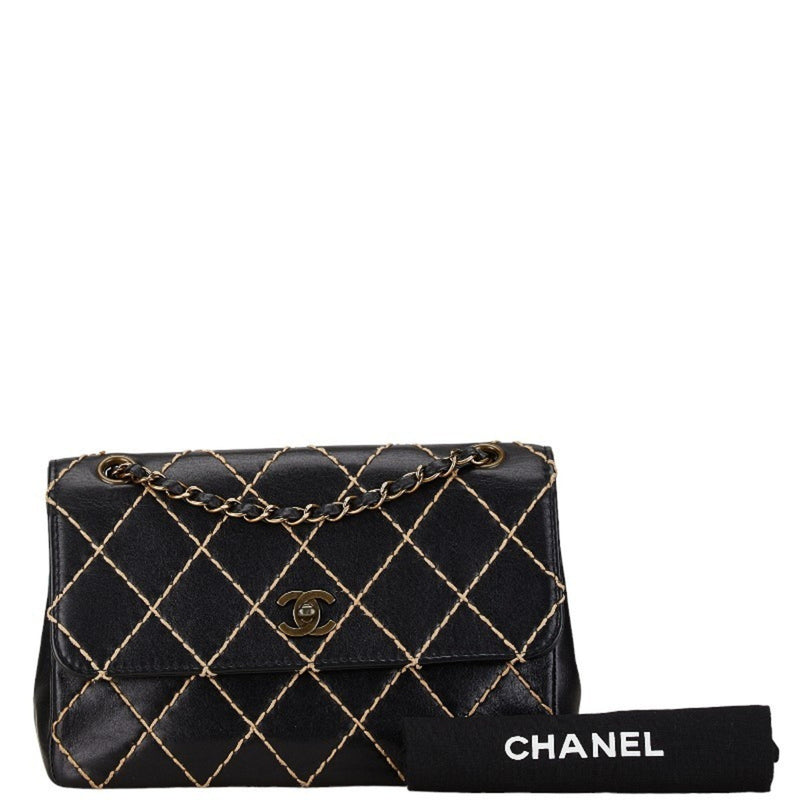 CHANEL Matelasse Wild Stitch Chain Shoulder Bag Black Leather Women's