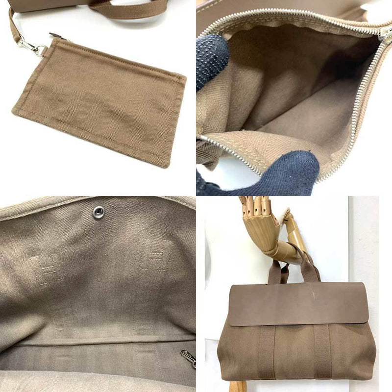 Hermes Bag Valparaiso MM Greige Beige Handbag Tote Ladies Toile Chevron Canvas x Leather HERMES