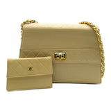 CHANEL Chain Shoulder Bag Leather Women's Beige