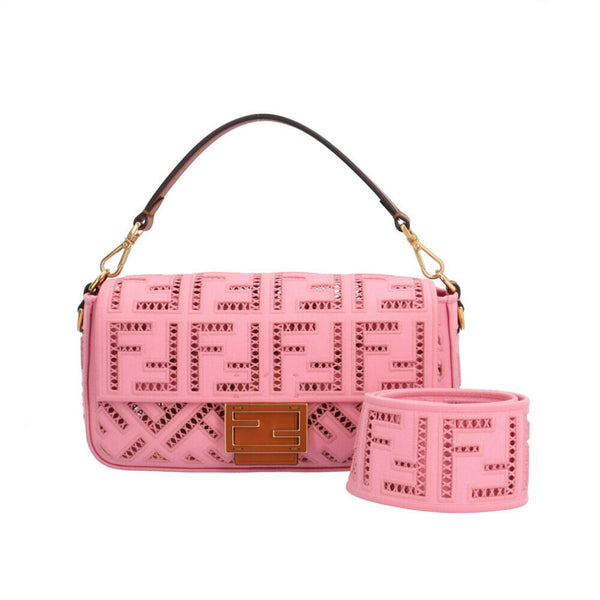 FENDI Embroidered Baguette Shoulder Bag Canvas 8BR600 Pink Women's