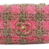 CHANEL Tweed Flap Bag Chain Shoulder Pink Gold Ladies Check Small