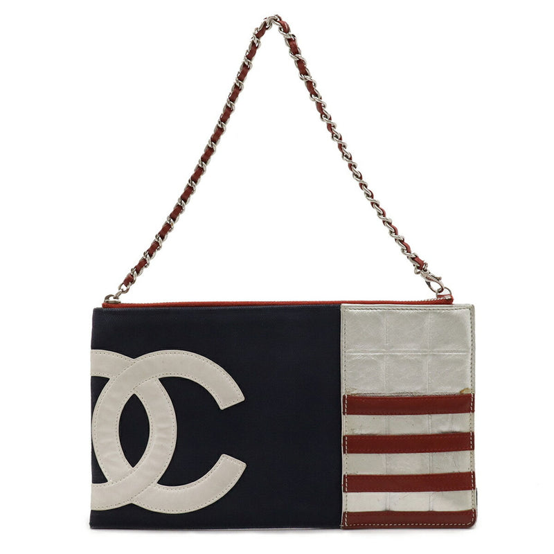 CHANEL Chocolate Bar Coco Mark Chain Pouch Handbag Canvas Leather Navy Red Silver