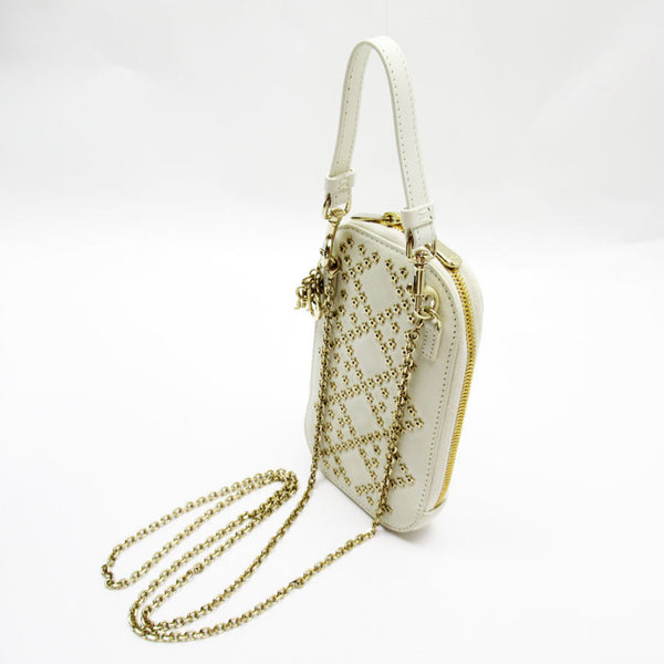 Christian Dior Phone Folder Shoulder Bag Leather/Metal Off-White/Gold Women's w0151g