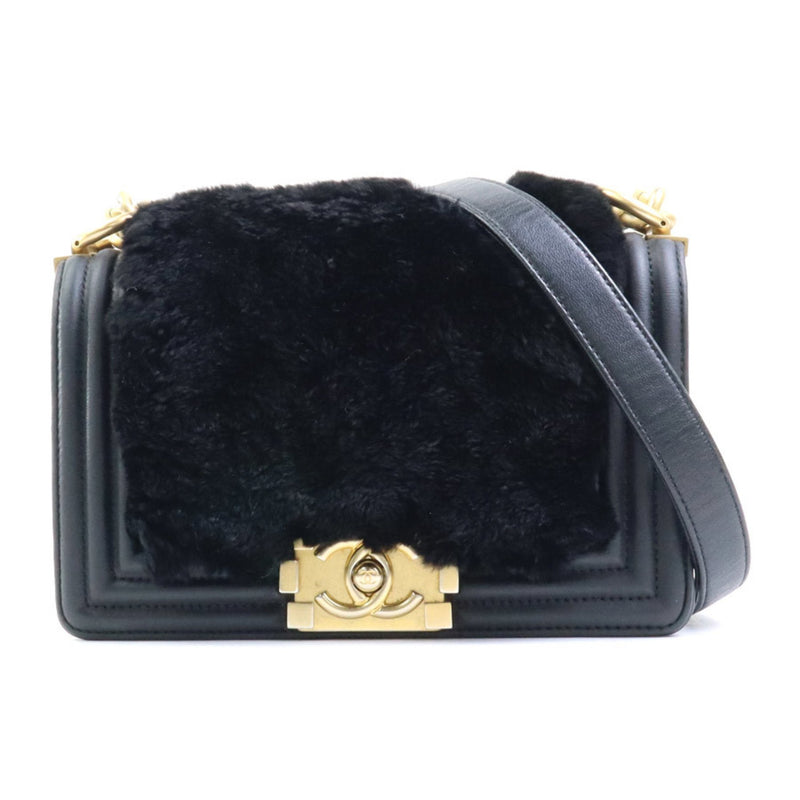 CHANEL Shoulder Bag Crossbody Boy Chanel Fur/Leather/Metal Black/Gold Ladies