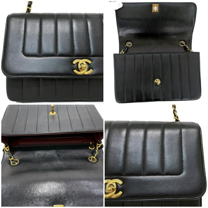 Chanel Chain Shoulder Bag Black Mademoiselle Single Flap Lambskin No Seal CHANEL Coco Mark Turn Lock Quilted Stripe Ladies