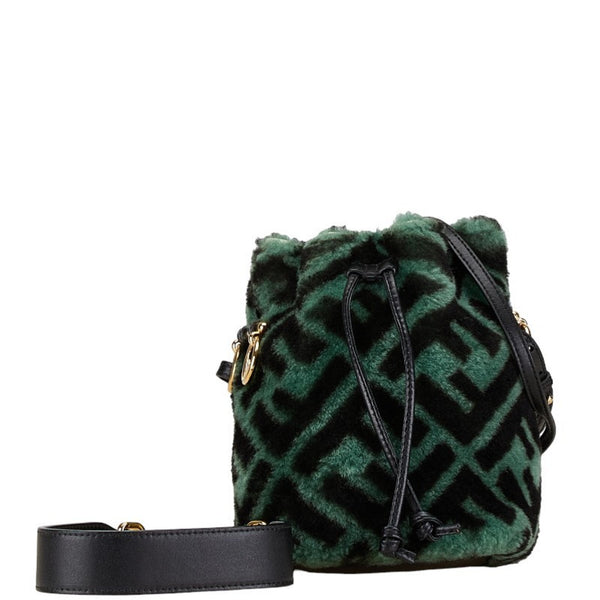 FENDI ZUCCA MON TRESOR BUCKET BAG SHOULDER 8BS010 GREEN BLACK FUR LEATHER WOMEN'S