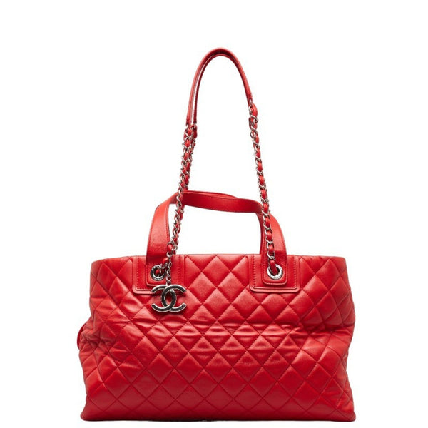 Chanel Coco Mark Matelasse Chain Shoulder Bag Tote Red Silver Leather Women's CHANEL