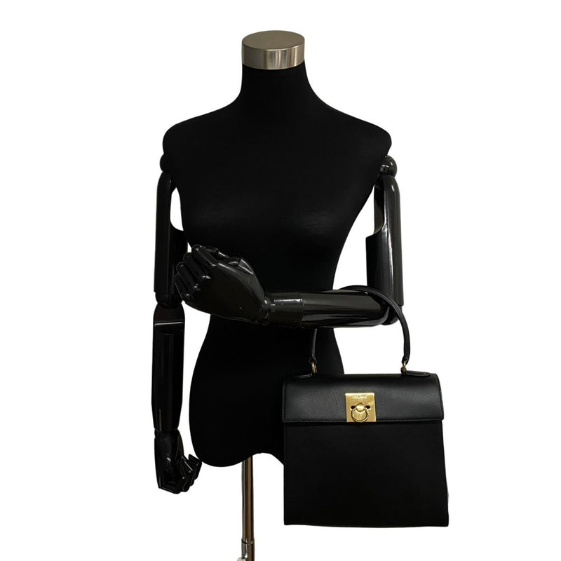 CELINE Vintage Logo Ring Metal Fittings Calf Leather Genuine 2way Handbag Shoulder Bag Black Red Lining