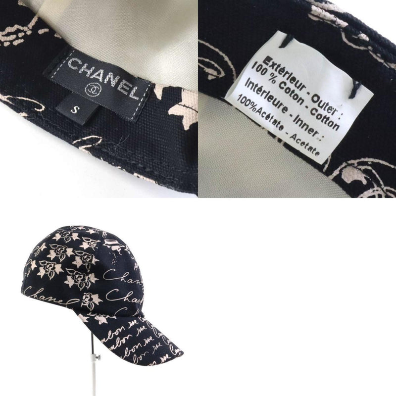 CHANEL Cap Coco Mark Camellia Cotton Black/Greige Women's