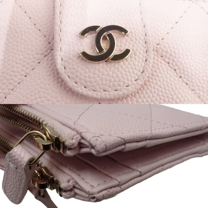 CHANEL Double Zip Card Case Classic Matelasse AP1928 Coin Caviar Skin Pink 083253