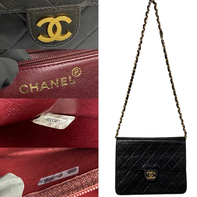 CHANEL Matelasse Lambskin Leather Chain Shoulder Bag Pochette Black 77785