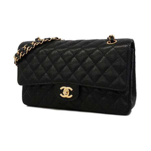 Chanel Shoulder Bag Matelasse W Flap Chain Caviar Skin Black Women's