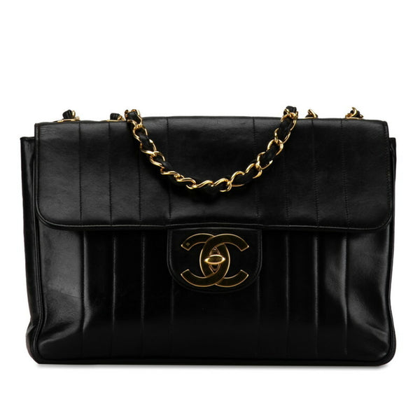 Chanel Mademoiselle Coco Mark Double Flap Chain Shoulder Bag Black Gold Lambskin Women's CHANEL