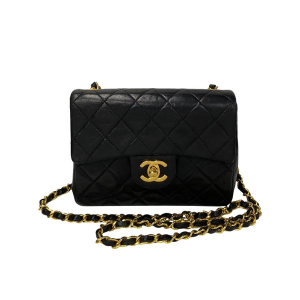 CHANEL Matelasse Lambskin 17cm Leather Chain Shoulder Bag Black 12868