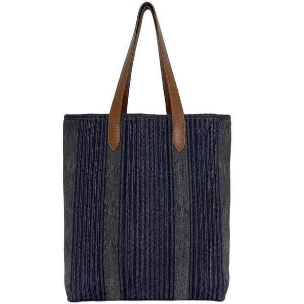 Hermes Tote Bag Calicut Denim Navy Brown Canvas Leather □L Stamp HERMES Unisex