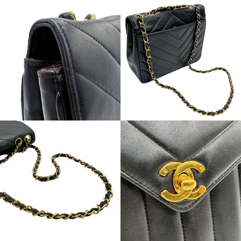 CHANEL Shoulder Bag V Stitch Leather Black Gold Women's n0203