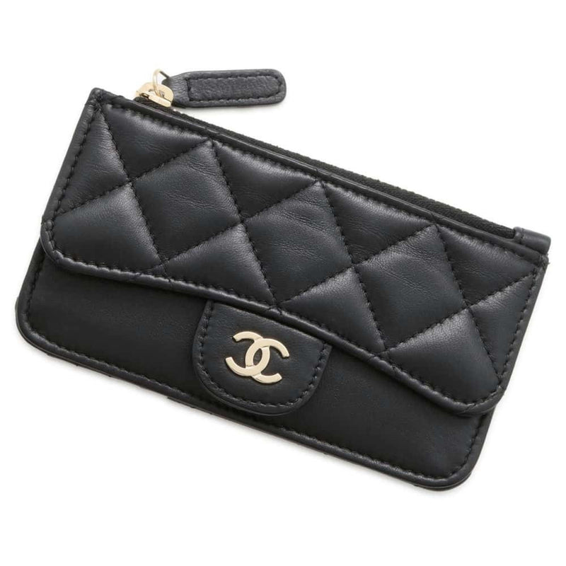 Chanel Business Card Holder/Card Case Matelasse Coco Mark Classic Zip Quilted Caviar Skin AP2570 Black