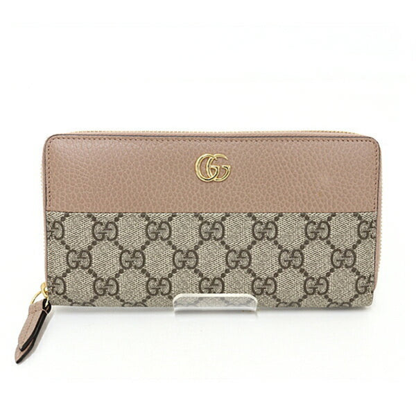 GUCCI Double G Zip Around Wallet Beige & Ebony GG Supreme Canvas Dusty Pink Leather 456117