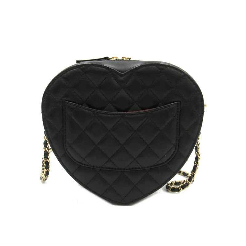 CHANEL Heart Chain Shoulder Bag, Lambskin, Women's, Black, AS3191