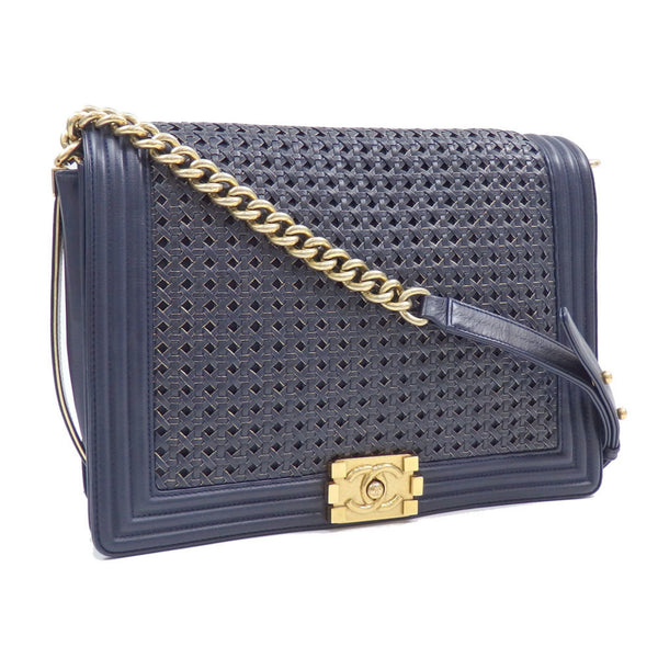 Chanel Chain Shoulder Bag Boy Women's Navy Blue Leather Coco Mark