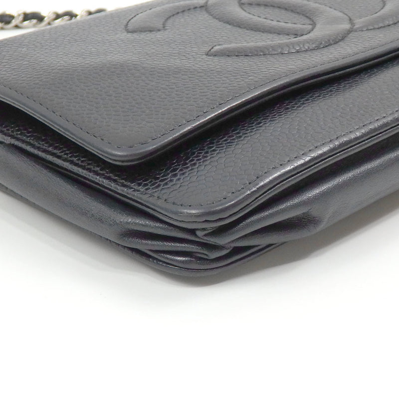 Chanel Chain Shoulder Wallet for Women, Black, Caviar Skin, Leather, Long Wallet, Coco Mark