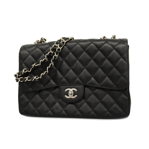 Chanel Shoulder Bag Matelasse W Chain Caviar Skin Black Ladies