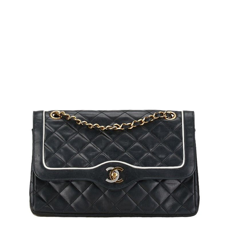 Chanel Matelasse 25 Coco Mark Double Flap Chain Shoulder Bag Black Lambskin Women's CHANEL