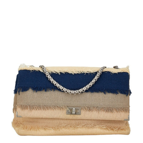 Chanel Chain Shoulder Bag Beige Navy Linen Women's CHANEL