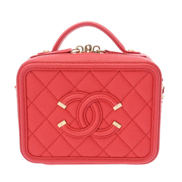 CHANEL CC Filigree Small Vanity Chain Shoulder Bag Red A93343 Women's Caviar Skin Handbag