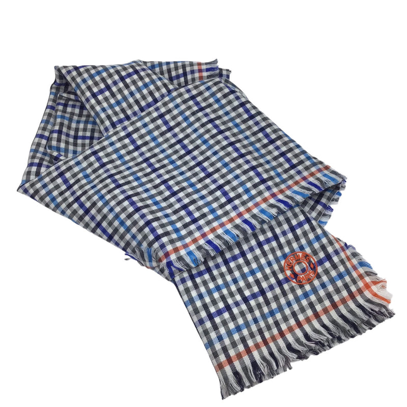 HERMES H Ecoce Stole Blue Gray Orange Scarf Muffler Haori Knee Hanging Large Gingham Check Ladies Men's Unisex Wrapping