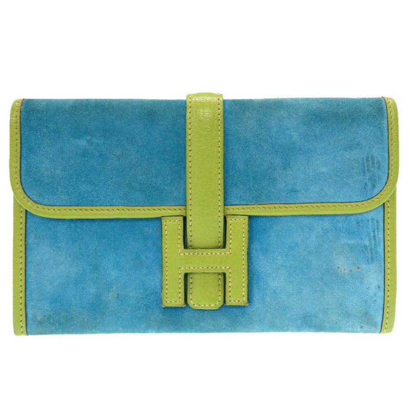 Hermes Jige Mini Dobris Chevre Anis Green Turquoise □ J Engraved Clutch Bag Bicolor Blue 0057 HERMES