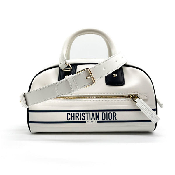 Christian Dior Handbag Crossbody Shoulder Bag Vibe Small Bowling Leather White x Navy Ladies