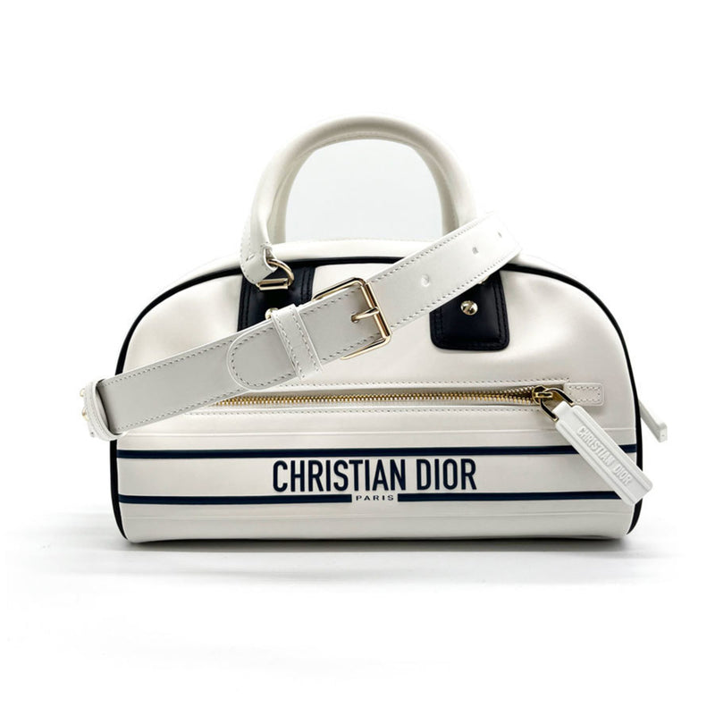 Christian Dior Handbag Crossbody Shoulder Bag Vibe Small Bowling Leather White x Navy Ladies