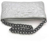 CHANEL Silver Camellia Leather Metal No. 8 Chain Embossed Pouch Flower Pattern Handle Included