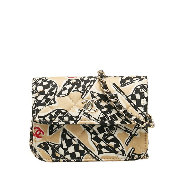 Chanel Checkered Flag Ear-End Chain Shoulder Bag Beige Multicolor Canvas Women's CHANEL