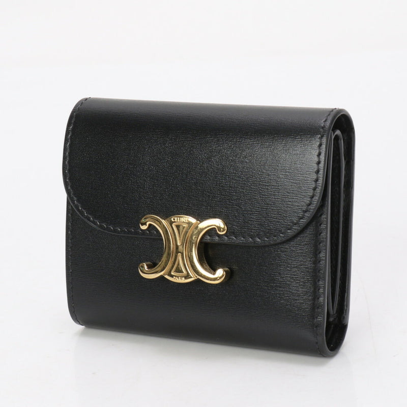 Celine Triomphe Leather Tri-fold Wallet Black Compact Women's