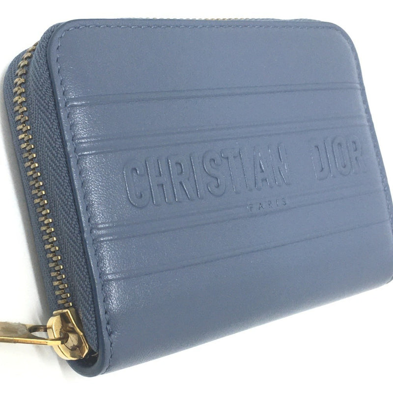 Christian Dior Dior Striped Wallet Round Zipper Coin Case Leather Ladies Denim Blue