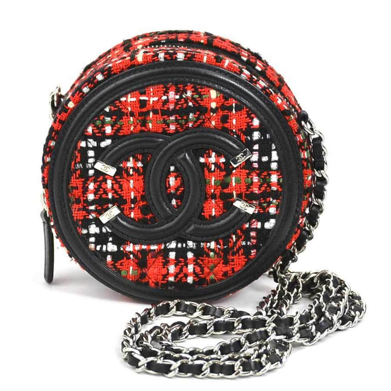 CHANEL Crossbody Shoulder Bag Coco Mark Tweed/Leather/Metal Red/Black/Silver Women's