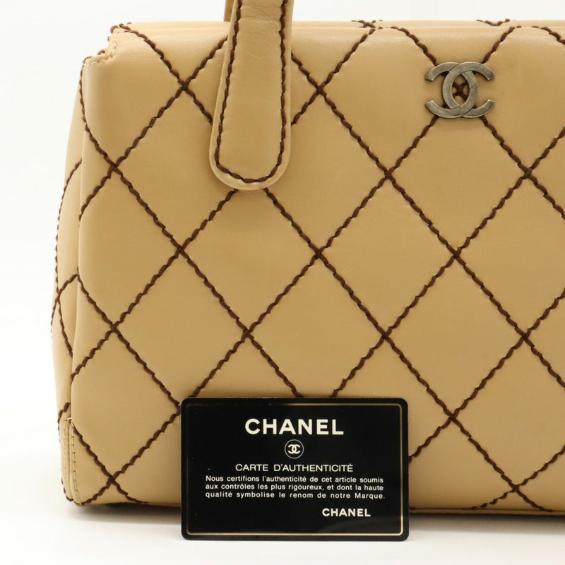 CHANEL Wild Stitch Coco Mark Handbag Tote Bag Leather Beige