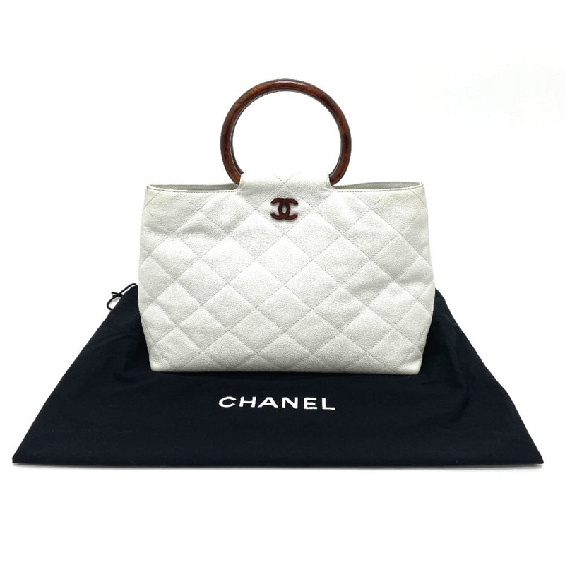 Chanel CCCC Mark Round handle wood style Hand Bag White x Brown