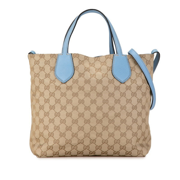 Gucci GG Canvas Reversible Tote Bag Shoulder 370825 Beige Light Blue Leather Women's GUCCI