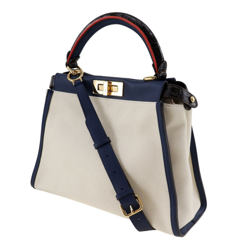 FENDI Peekaboo handbag shoulder bag 8BN290 canvas x calfskin white/navy 2way A5 turn lock women's